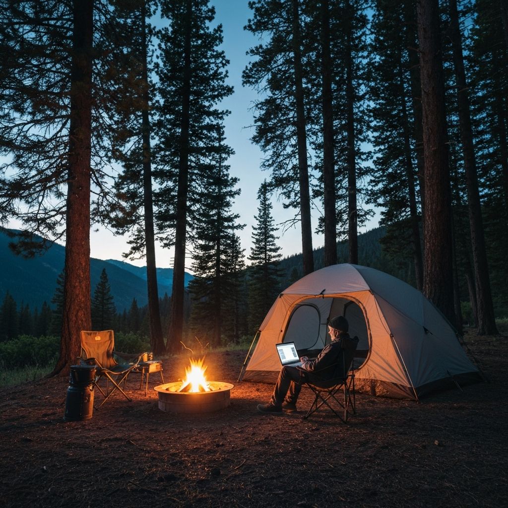 Camper working on a laptop by a campfire surrounded by pine trees